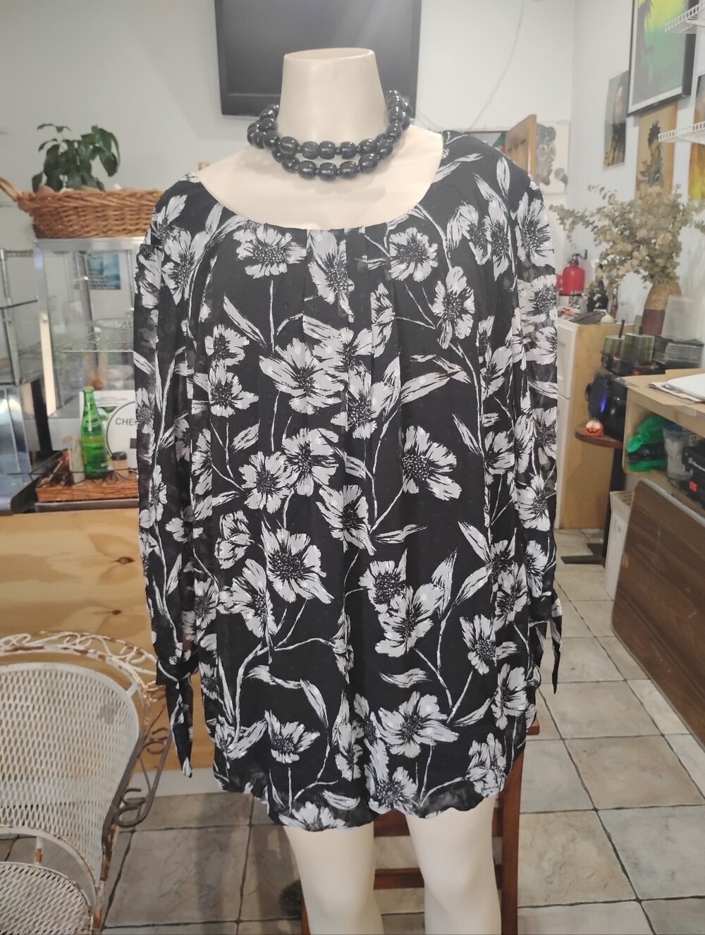 Black & White Floral Women’s Blouse - Relaxed Long Sleeve Top